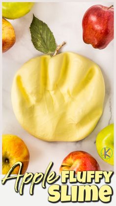 an apple fluffy slime is shown with apples and other fruit around it