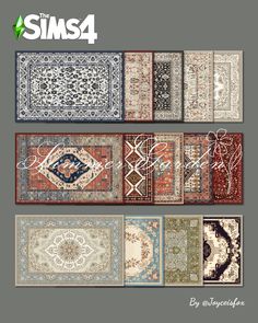 an assortment of rugs in different colors and sizes, with the words sims4 above them