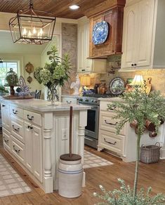 a kitchen with white cabinets and wooden floors, an island in the middle is surrounded by potted plants