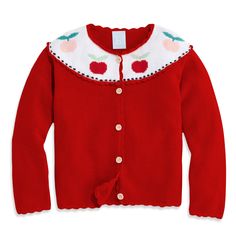 You won't believe the detail! Each applique that adorns our signature cardigans is crocheted by hand. Even the sweaters themselves are hand-loomed! 100% cotton; machine wash. Sizes 2-8y. *bella bliss® uses the finest cottons available. For best results, lay flat to dry then fluff on low heat. Red Embroidered Fall Cardigan, Apple Cardigan, Cute Red Long Sleeve Cardigan, Apple Print Cardigan, Cozy Red Cardigan In One Size, Crochet Apple, Fall Transition, Bow Hair Accessories, Girls Sweaters