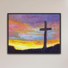 a painting of a cross on top of a hill with the sun setting in the background