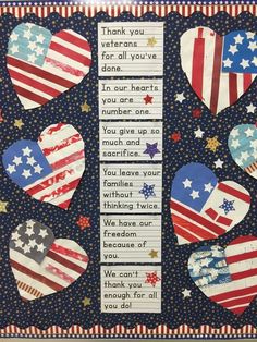 an american flag themed bulletin board with hearts and stars