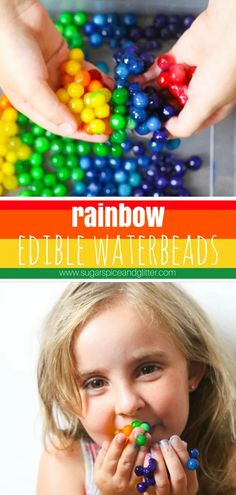 a child is playing with colorful beads and the words rainbow edible water beads are in front of them