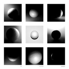 six different images of white balls on a black and white background, each with one ball in the middle