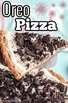 a slice of oreo pizza on top of a cookie crust