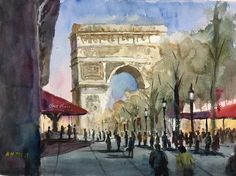 a watercolor painting of the arc de trioe in paris