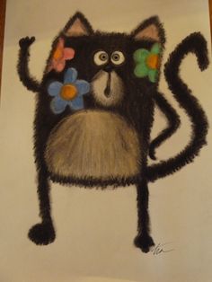 a drawing of a cat with flowers on it's chest