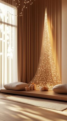 a room with a lit christmas tree on the wall