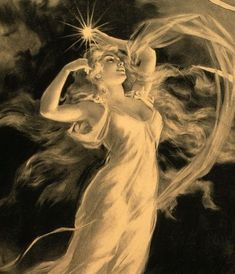 a drawing of a woman in white dress holding a star above her head and looking up at the sky