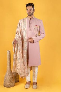 Shop for Soniya G Pink Crepe Sherwani Set With Embroidered Stole for Men Online at Aza Fashions Pink Sherwani For Diwali And Traditional Ceremonies, Pink Sherwani With Zari Work For Traditional Ceremonies, Pink Sherwani For Traditional Ceremonies And Eid, Pink Sherwani For Festive Traditional Ceremonies, Festive Pink Sherwani For Traditional Ceremonies, Pink Sherwani With Pallu For Traditional Ceremonies, Traditional Pink Bandhgala With Dupatta, Pink Anarkali Sherwani For Festive Season, Pink Anarkali Sherwani For Festive Occasions