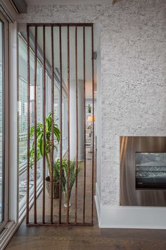 a living room with a fire place next to a window and a plant in a pot