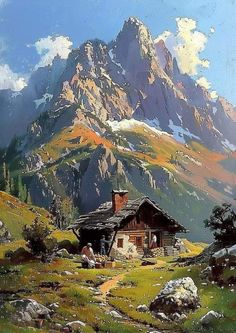 a painting of a cabin in the mountains