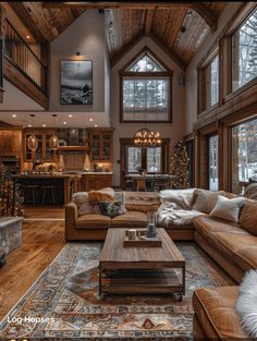 Dream Home Living Room Luxury, Romantic Log Cabin, Cosy Cabin Living Room, Cozy Mansion Living Room, Log Cabin House Aesthetic, Lodge Home Interior, Mountain Cabin Design, Montana House Interior, Cozy Cabin Aesthetic Living Room