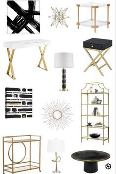 an assortment of modern furniture and accessories in black, white, gold and grey colors