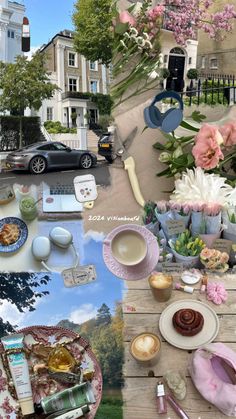 a collage of photos with flowers, plates and other things on the table in front of them