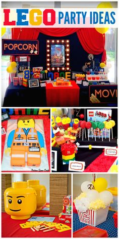 This Lego boy birthday party has a Lego man cake, popcorn bar and lots of great Lego ideas!  See more party ideas at CatchMyParty.com! Lego Man Cake, Lego Invitation, Lego Birthday Party Ideas, Lego Movie Birthday, Cake Popcorn, Lego Movie Party, Lego Candy, Lego Themed Party, Man Cake