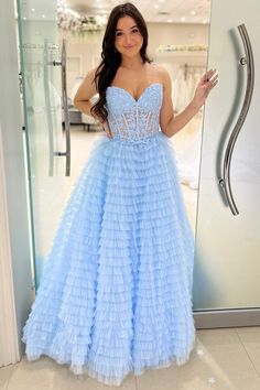 Unravel Addilyn: A symphony in tulle. Sweetheart neckline, beaded bodice, ruffled elegance. Step into a fairy-tale with KissProm's finest. Layered Tulle Prom Dress, Tiered Prom Dress, Dress Applique, A Line Prom Dress