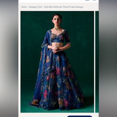 Dark Blue Multicolor Floral Printed Lehenga Includes An Organza Top With Satin Inner, A Organza Bottom With Satin Inner, And A Georgette Dupatta. Embroidery Is Present On This Style Using Zari, Sequins, Stone Work, Mirror And Handwork Embellishments. Final Sale, No Returns! Happy Shopping Floral Organza Lehenga, Royal Blue Lehenga, Dupatta Embroidery, Indian Bridesmaid Dresses, Printed Lehenga, Choli Dress, Half Saree Lehenga, Floral Lehenga, Blue Organza