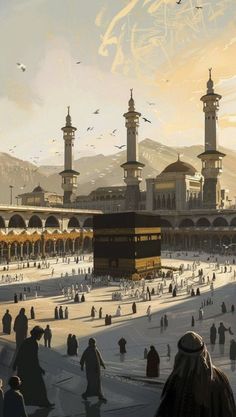 an artistic painting of people walking around the ka'bah