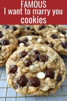 chocolate chip cookies on a cooling rack with white and dark chocolate chips in the middle