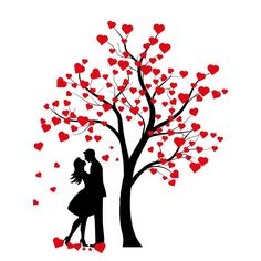 a man and woman kissing under a tree with hearts