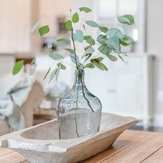 a glass vase with some green leaves in it on a wooden table next to a bowl