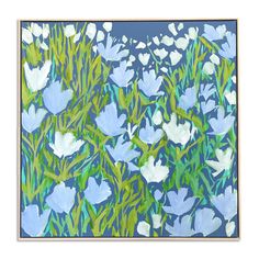 an abstract painting of blue and white flowers on a blue background with green stems in the foreground