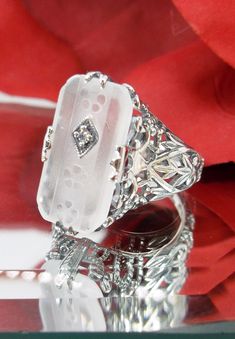 Frosted Glass Carved Ring Sterling Silver/ Baguette Camphor w/ Inset CZ, Moissanite or Diamond Antique Filigree [Custom Made] Design#31 Floral Filigree, Antique Filigree, Carved Ring, Glass Ring, Luxury Rings, Retro Jewelry, Sterling Silver Filigree, Filigree Design, Glass Rings