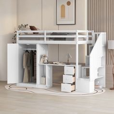 a white loft bed with stairs and desk underneath it in a room that has hardwood floors