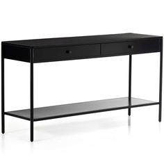 a black console table with two drawers on one side and an open shelf underneath it