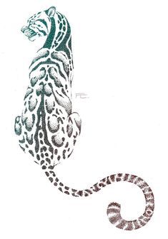 a black and white drawing of a leopard with its tail curled up to the side