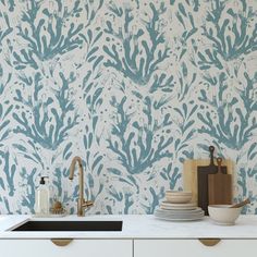 a kitchen with blue and white wallpaper next to a sink, dishwasher and cutting board