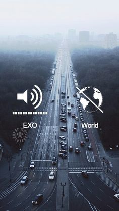 an aerial view of traffic on a foggy day with the words exo world above it