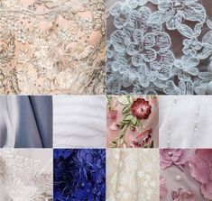 many different types of wedding gowns are shown in this collage, including white and blue