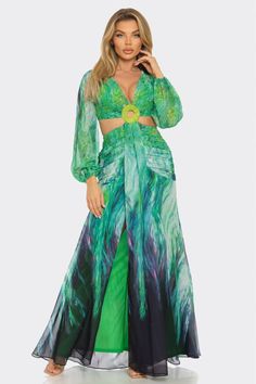 Step into a world of tropical luxury with the "Bora Bora Chiffon Print Cut Out Maxi #Dress in Green," a garment that embodies the spirit of island #elegance and #sophistication. This maxi #dress, with its exquisite chiffon fabric and vibrant green print, offers a perfect fusion of #comfort and high-end #fashion, making it ideal for upscale beach events, garden #parties, or any occasion that calls for a stunning display of style and grace. Cut Out Maxi Dress, Graceful Movement, Casual Beach Wear, Ruched Maxi Dress, Tropical Sunset, Full Length Skirts, Rhinestone Dress, Chiffon Maxi, Chiffon Maxi Dress