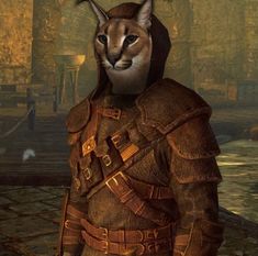 a cat dressed in armor standing next to a building