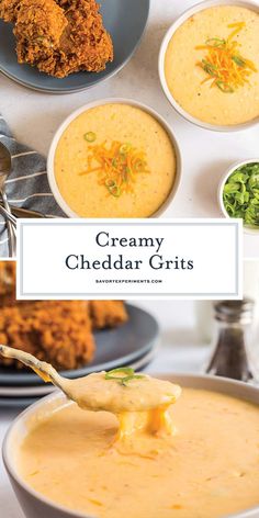 creamy cheddar grits soup is served in bowls with a spoon and garnishes