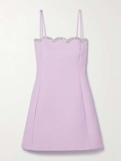 VALENTINO GARAVANI Scalloped crystal-embellished wool and silk-blend crepe mini dress | NET-A-PORTER Valentino Purple Dress, Elegant Evening Dresses With Scalloped Edges, Party Dress With Scalloped Edges In Mini Length, Party Dress With Scalloped Edges Mini Length, Party Dresses With Scalloped Edges, Mini Length, Party Mini Dress With Scalloped Edges, Scalloped Edges Mini Dress For Party, Scalloped Mini Dress For Party, Elegant Mini Dress With Sequins And Straight Neckline