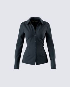 Let it be known that you mean business when you wear this black fitted shirt 🖤 With a button up placket, a slim fit, and an oversized sleeve cuff - this crepe fabric top will instantly get you that promotion you deserve 😜 Fitted Black Shirt Outfit, Cinched Button Up, Business Casual Inverted Triangle, Fitted Cotton Shirt, Fitted Button Up, Black Button Down, Slim Shirt Outfit, Black Button Up, Business Woman Clothes