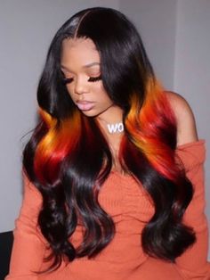 Fire Wig Colors, Fire Dyed Hair, Masquerade Ball Makeup Looks, Colorful Sew In, Colored Roots Wig, Fashion Color Hair Ideas, Lace Front Hair Styles, Unique Wig Hairstyles, Hair Front