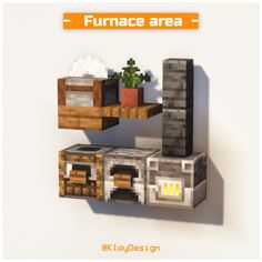 a set of shelves made out of lego blocks with plants on top and an oven in the middle