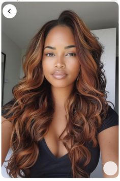 Copper And Black Hair On Black Women, Hair Color Ideas African American Women, Natural Hair Colors Ideas, Black With Ginger Highlights, Copper Highlights Black Women, Fall Hair Colors For Light Skin Women, Copper Hair With Red Highlights, Ginger Balayage On Black Hair