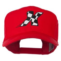 Checkered Flag Alphabet Embroidered Red High Profile Cap Red Retro Hats For Baseball Season, Red Retro Hat For Baseball Season, Retro Red Hats For Baseball Season, Red Trucker Hat With Curved Brim For Sports Events, Red Retro Fitted Hat For Baseball Season, Retro Red Fitted Hat For Baseball Season, Red Hip Hop Style Baseball Cap For Sports, Red Visor Hat With Embroidered Logo, Red Embroidered Logo Visor Hat