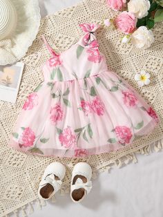 Baby Pink  Collar Sleeveless Woven Fabric Floral A Line Embellished Non-Stretch Summer Baby Girls Clothing Organza Baby Frock, 6 Month Baby Girl Outfits, Baby Girls Frock Design, Baby Frock, Baby Frocks Designs Summer, Cute Baby Dresses, Frocks For Babies