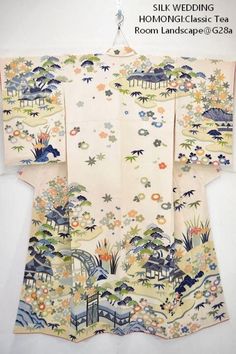 Size:         Sleeve to Sleeve about 140cm (55 inch) The top to the bottom about 160cm (64.9 inch)  Very high quality garment made of silk.  All the hand-finished details.  Heavy weight 100% silk with 100% silk lining!  Individually designed and hand woven, Japanese kimono is the ultimate "ancient treasure".  Condition: New or like new.  If there is any minor issues, we show it in photos.  Look at the hand-dyed details  It can be worn as is or you can make something out of with lots of silks.  * White Silk Kimono With Floral Print, Silk Kimono With Floral Embroidery, Room Landscape, Spring Embroidered Silk Kimono, Silk Long Sleeve Floral Print Kimono, Ancient Treasure, Elegant Floral Print V-neck Kimono, Wedding Kimono, Pajama Robe