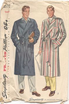 Simplicity 2172; Men's Robe: The robe has three large patch pockets trimmed with applied bands. The cuffed sleeves are cut in two sections and a tie belt finishes the robe. Style I has a two-button front closing and a button trim for a double-breasted effect. Top-stitching and a notched collar enhance the robe. Style II has a shawl collar. Copyright 1947 Also released as Simplicity S13 in Australia / New Zealand. Size: Small Chest: 34 - 36 This pattern is cut and complete. The envelope is tatter Bathrobe Pattern, Mens Dressing Gown, 1950s Jacket Mens, Cargo Jacket Mens, Mens Sewing Patterns, Blithe Spirit, Green Cargo Jacket, Vintage Pajamas, 1950s Mens