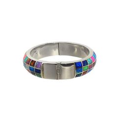 Sterling silver bracelet with hinge closure and inlaid multi color semi precious stone veneers in contemporary design. .925 Sterling Silver Hinge closure Approx 1/2" high Made in Taxco Mexico by skilled artisans Modern Multicolor Gemstone Jewelry, Modern Multicolored Multi-stone Gemstones, Modern Multicolor Cuff Bangle Bracelet, Modern Multicolor Bangle Cuff Bracelet, Multicolor Sterling Silver Bracelets With Inlay, Multicolor Sterling Silver Bracelet With Inlay, Multicolor Inlay Sterling Silver Bracelets, Modern Multi-stone Sterling Silver Gemstones, Modern Multi-stone Gemstones In Sterling Silver