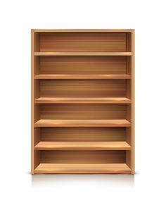 an empty wooden shelf with three shelves on the top and bottom, in front of a white background