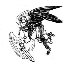 a black and white drawing of an angel riding a skateboard with wings on it