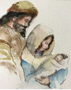 a watercolor painting of a man holding a baby